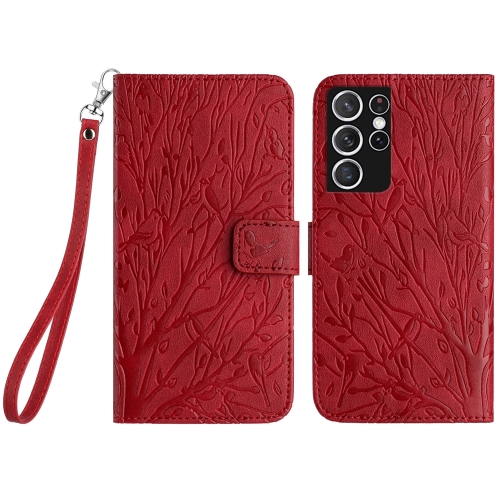 

For Samsung Galaxy S21 Ultra 5G Tree Birds Embossed Pattern Leather Phone Case(Red)