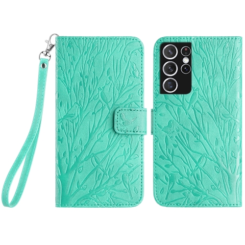 

For Samsung Galaxy S21 Ultra 5G Tree Birds Embossed Pattern Leather Phone Case(Green)
