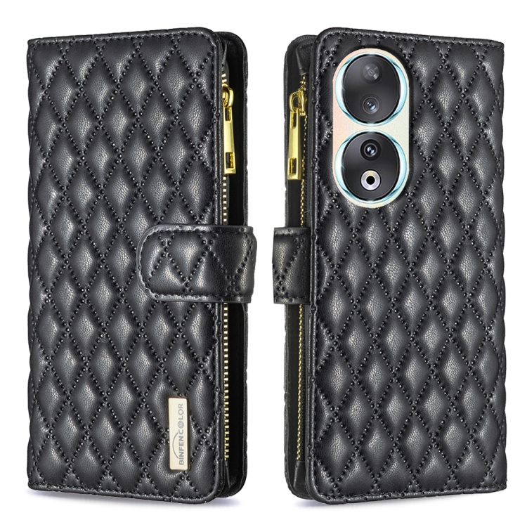 

For Honor 90 5G Diamond Lattice Zipper Wallet Leather Flip Phone Case(Black)