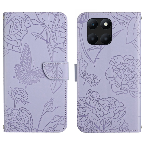 

For Honor X6A HT03 Skin Feel Butterfly Embossed Flip Leather Phone Case(Purple)