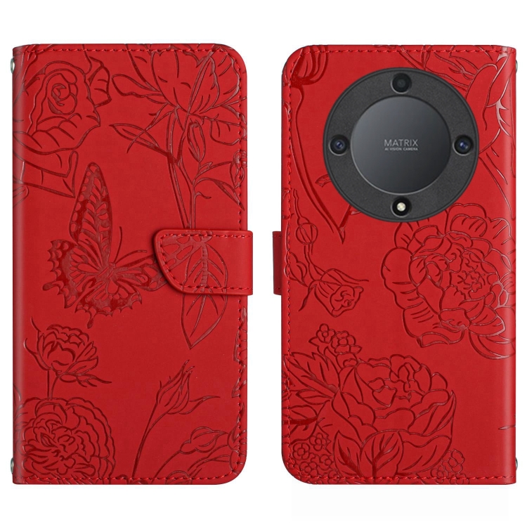 

For Honor X9b HT03 Skin Feel Butterfly Embossed Flip Leather Phone Case(Red)