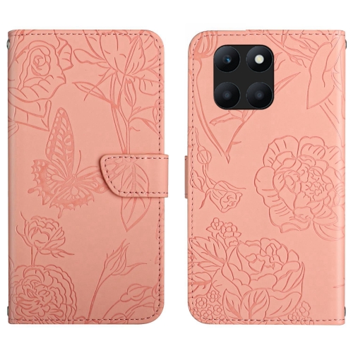 

For Honor X8b HT03 Skin Feel Butterfly Embossed Flip Leather Phone Case(Pink)