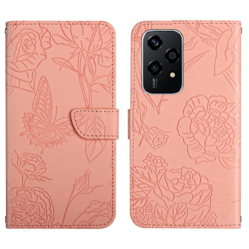 

For Honor 200 Lite Global HT03 Skin Feel Butterfly Embossed Flip Leather Phone Case(Pink)