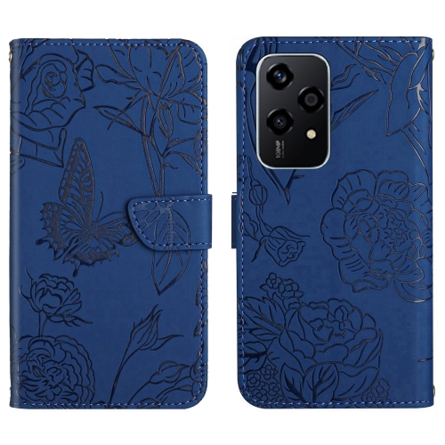 

For Honor 200 Lite Global HT03 Skin Feel Butterfly Embossed Flip Leather Phone Case(Blue)