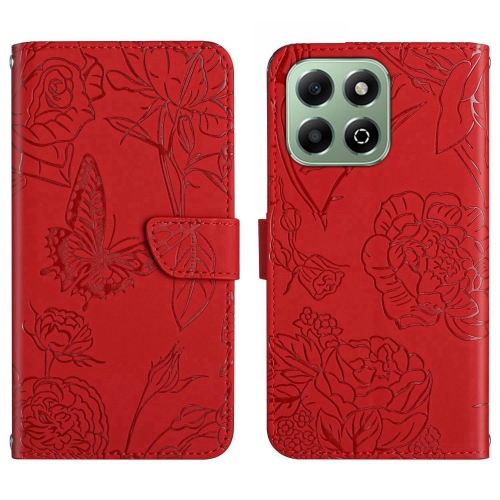 

For Honor X6b HT03 Skin Feel Butterfly Embossed Flip Leather Phone Case(Red)