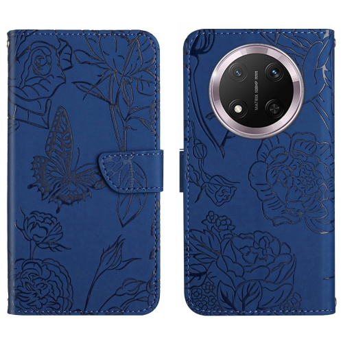 

For Honor X9c HT03 Skin Feel Butterfly Embossed Flip Leather Phone Case(Blue)