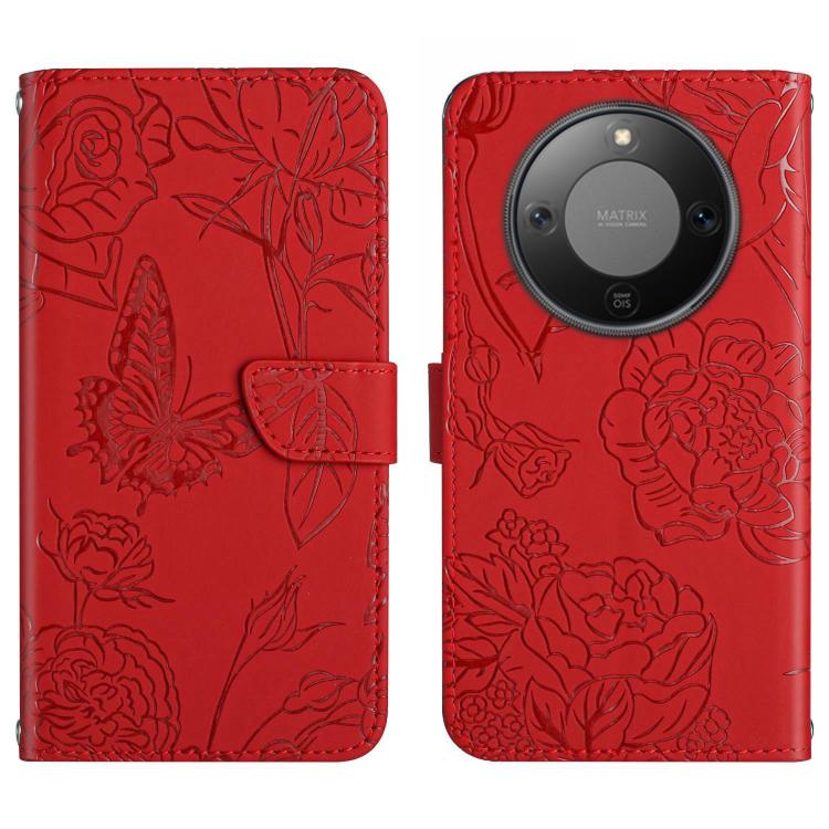 

For Honor X9d 5G Global HT03 Skin Feel Butterfly Embossed Flip Leather Phone Case(Red)
