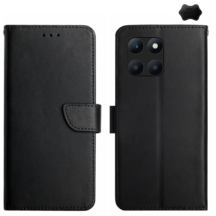

For Honor X6A HT02 Genuine Leather Fingerprint-proof Flip Phone Case(Black)