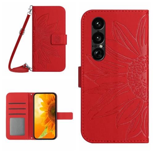 

For Sony Xperia 1 VII Skin Feel Sun Flower Embossed Flip Leather Phone Case with Lanyard(Red)