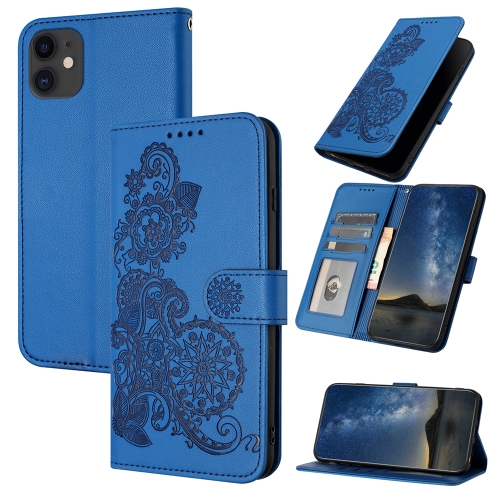 

For iPhone 12 / 12 Pro Datura Flower Embossed Flip Leather Phone Case(Blue)