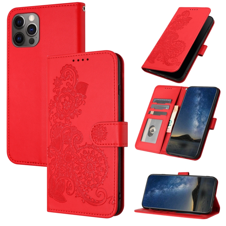 

For iPhone 12 Pro Max Datura Flower Embossed Flip Leather Phone Case(Red)