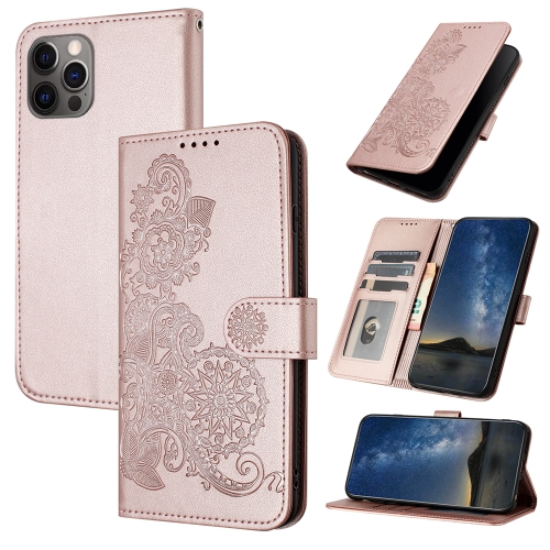 

For iPhone 12 Pro Max Datura Flower Embossed Flip Leather Phone Case(Rose Gold)