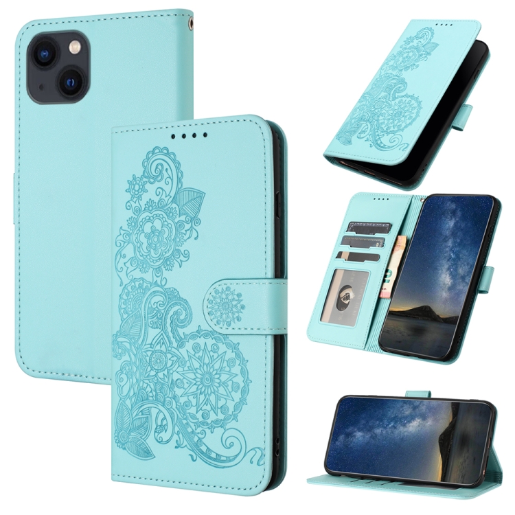 

For iPhone 13 Datura Flower Embossed Flip Leather Phone Case(Light blue)