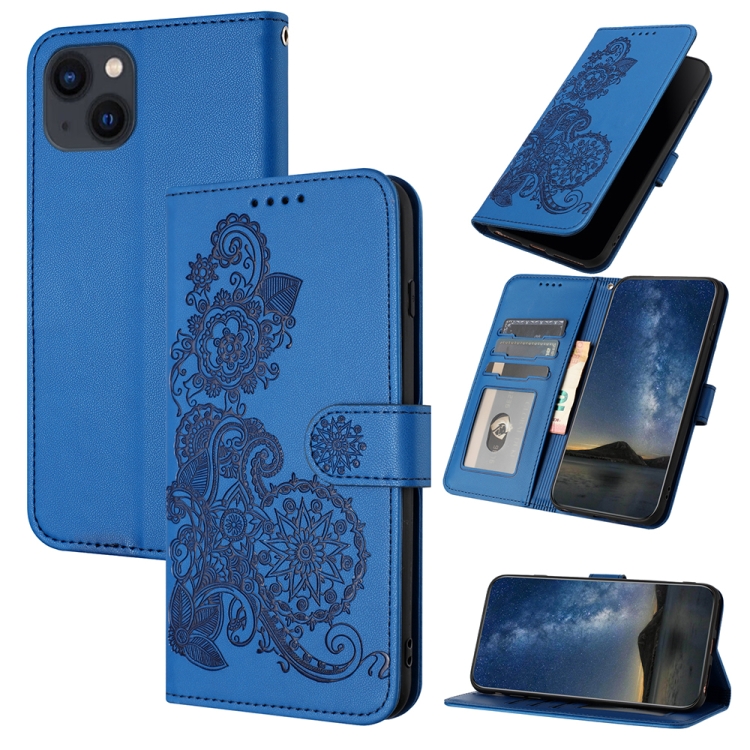 

For iPhone 14 Plus Datura Flower Embossed Flip Leather Phone Case(Blue)