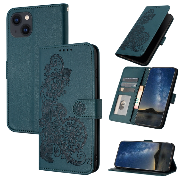 

For iPhone 14 Plus Datura Flower Embossed Flip Leather Phone Case(Dark Green)