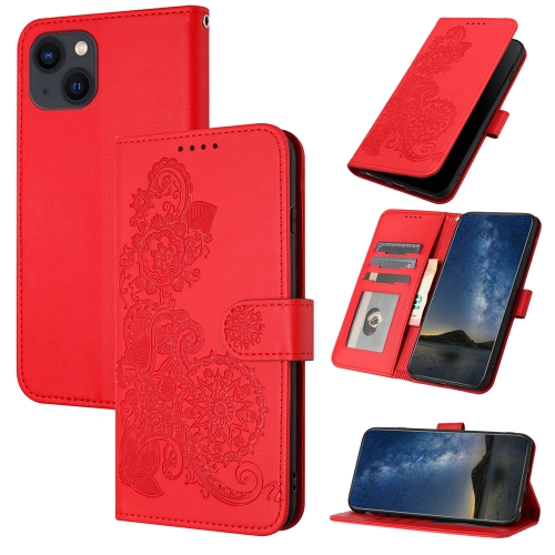 

For iPhone 15 Plus Datura Flower Embossed Flip Leather Phone Case(Red)