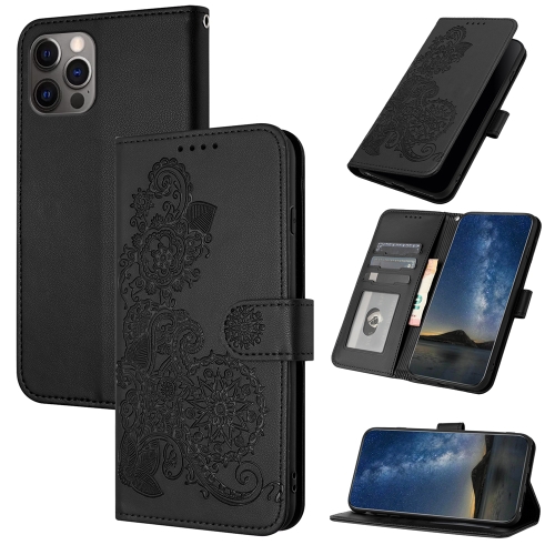 

For iPhone 15 Pro Datura Flower Embossed Flip Leather Phone Case(Black)