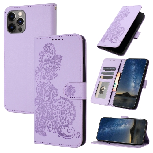 

For iPhone 15 Pro Datura Flower Embossed Flip Leather Phone Case(Purple)