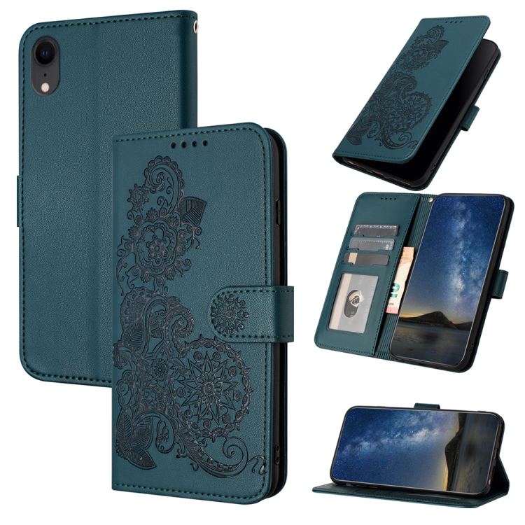 

For iPhone XR Datura Flower Embossed Flip Leather Phone Case(Dark Green)