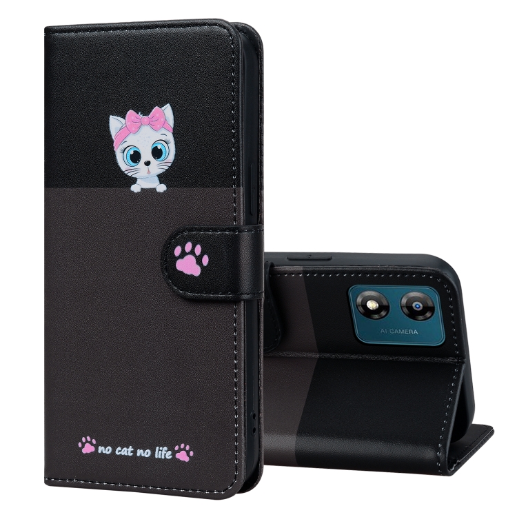 

For Motorola Moto E13 Cute Pet Series Color Block Buckle Leather Phone Case(Dark Grey)