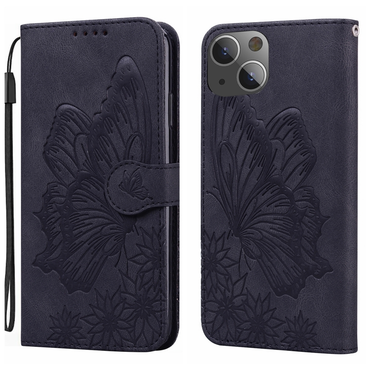 

For iPhone 15 Plus Retro Skin Feel Butterflies Embossing Leather Phone Case(Black)