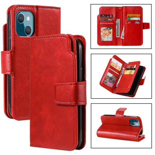 

For iPhone 15 Plus Tri-Fold 9-Card Wallets Leather Phone Case(Red)