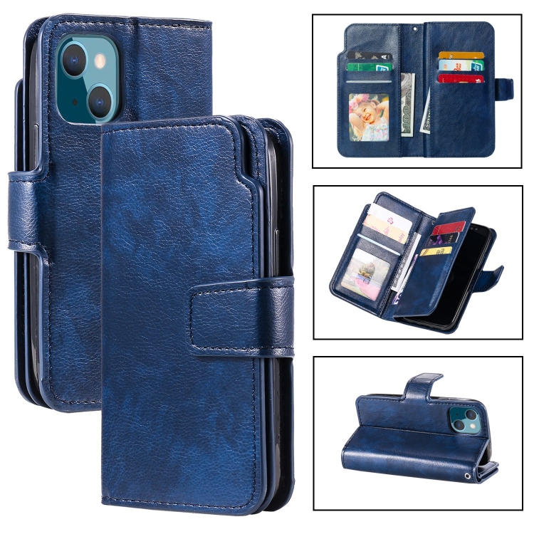 

For iPhone 15 Plus Tri-Fold 9-Card Wallets Leather Phone Case(Blue)