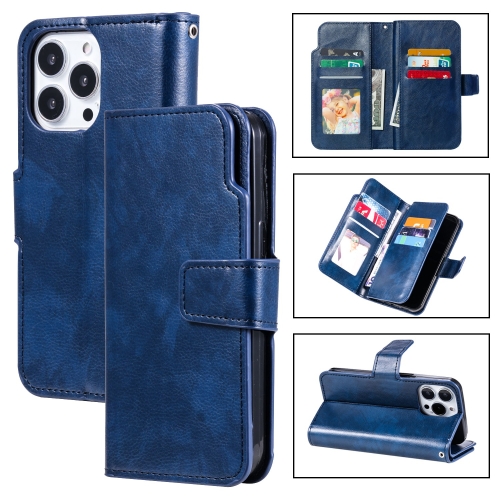 

For iPhone 15 Pro Tri-Fold 9-Card Wallets Leather Phone Case(Blue)