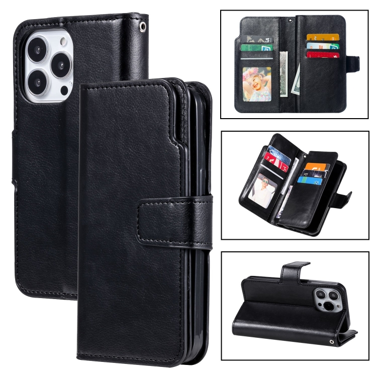 

For iPhone 15 Pro Tri-Fold 9-Card Wallets Leather Phone Case(Black)