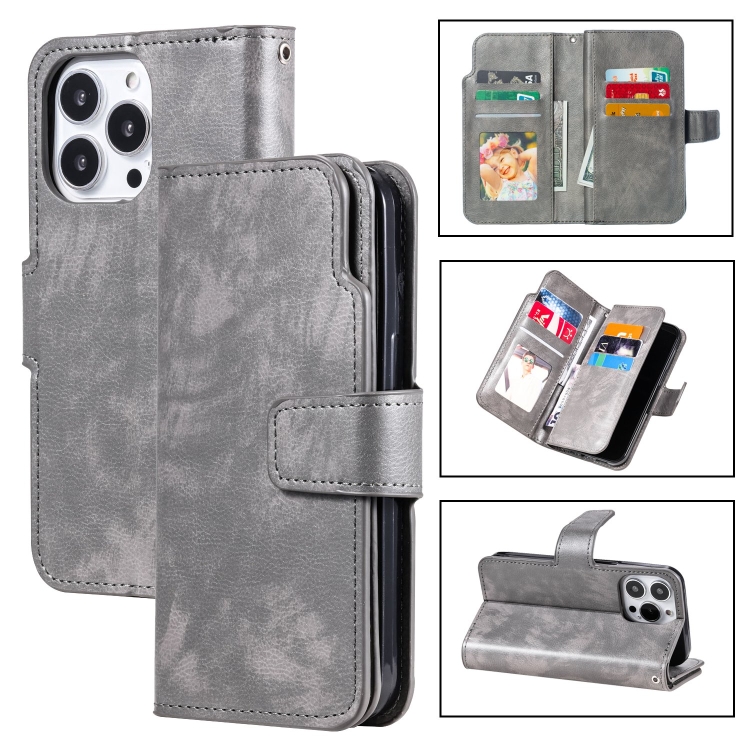 

For iPhone 15 Pro Max Tri-Fold 9-Card Wallets Leather Phone Case(Grey)