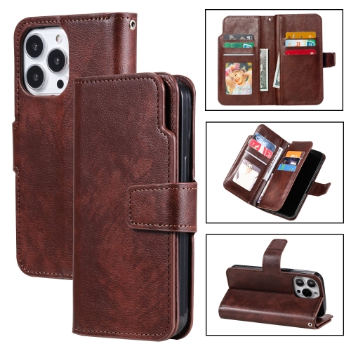 

For iPhone 15 Pro Max Tri-Fold 9-Card Wallets Leather Phone Case(Brown)