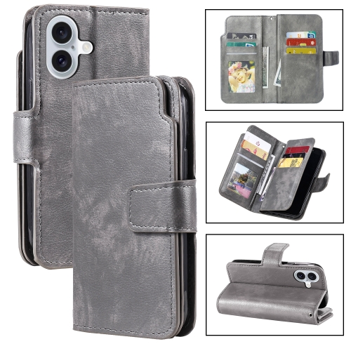 

For iPhone 16 Tri-Fold 9-Card Wallets Leather Phone Case(Grey)