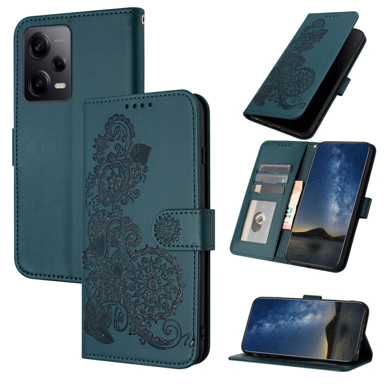 

For Xiaomi Redmi Note 12 Pro+ Datura Flower Embossed Flip Leather Phone Case(Dark Green)