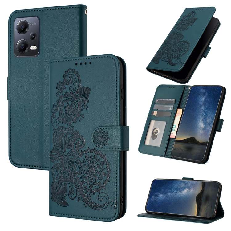 

For Xiaomi Redmi Note 12 5G Global Datura Flower Embossed Flip Leather Phone Case(Dark Green)