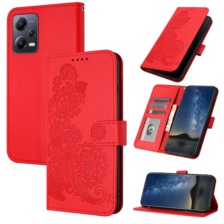 

For Xiaomi Redmi Note 12 5G Global Datura Flower Embossed Flip Leather Phone Case(Red)