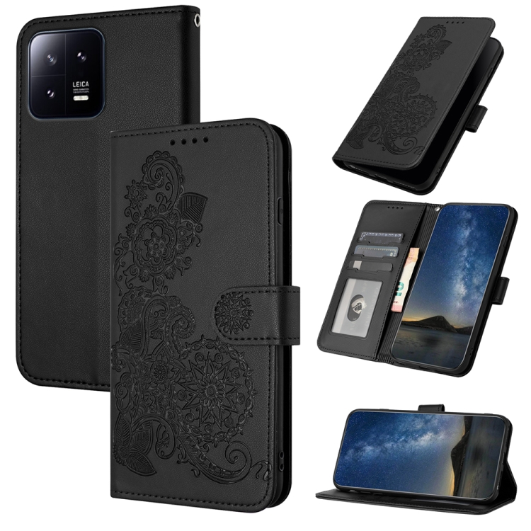 

For Xiaomi 13 Pro Datura Flower Embossed Flip Leather Phone Case(Black)