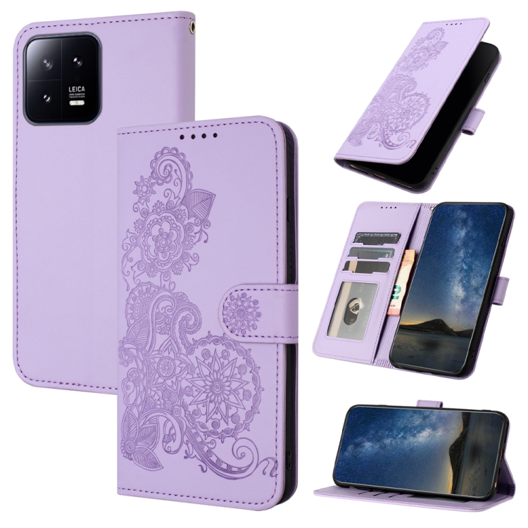 

For Xiaomi 13 Pro Datura Flower Embossed Flip Leather Phone Case(Purple)