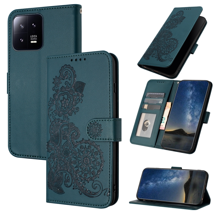 

For Xiaomi 13 Datura Flower Embossed Flip Leather Phone Case(Dark Green)