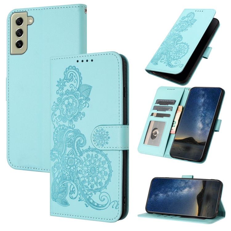 

For Samsung Galaxy S22 Datura Flower Embossed Flip Leather Phone Case(Light blue)