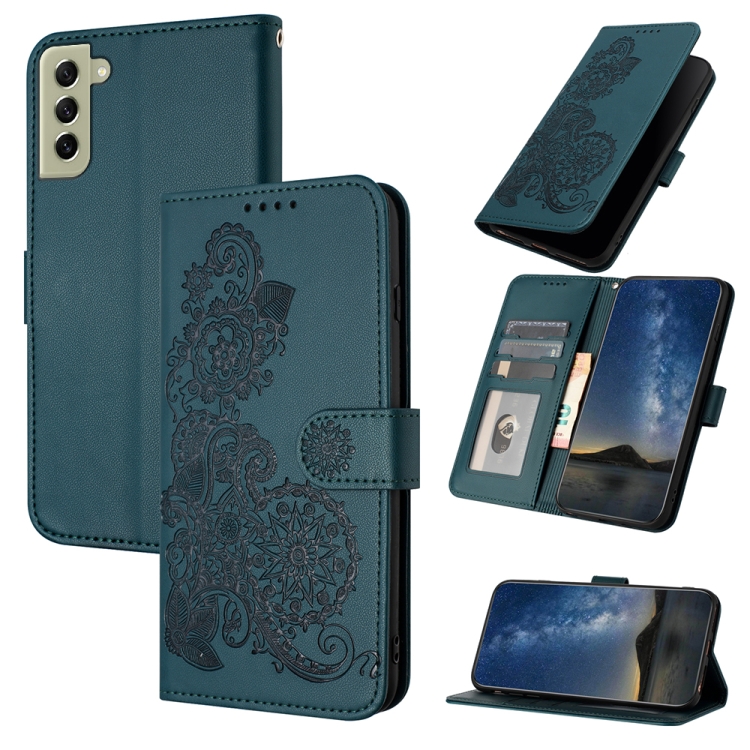 

For Samsung Galaxy S22 Datura Flower Embossed Flip Leather Phone Case(Dark Green)