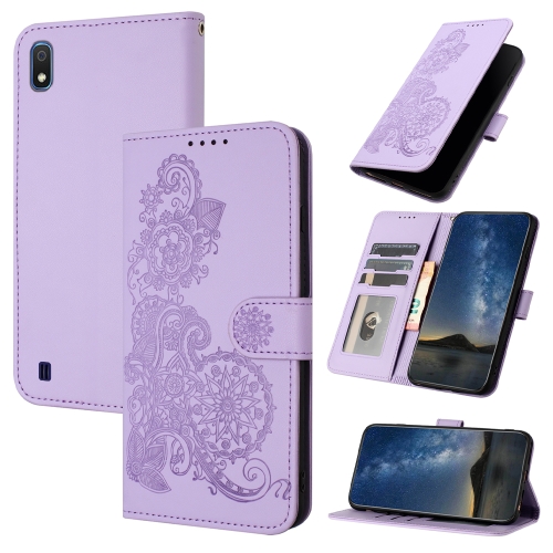 

For Samsung Galaxy A10 Datura Flower Embossed Flip Leather Phone Case(Purple)