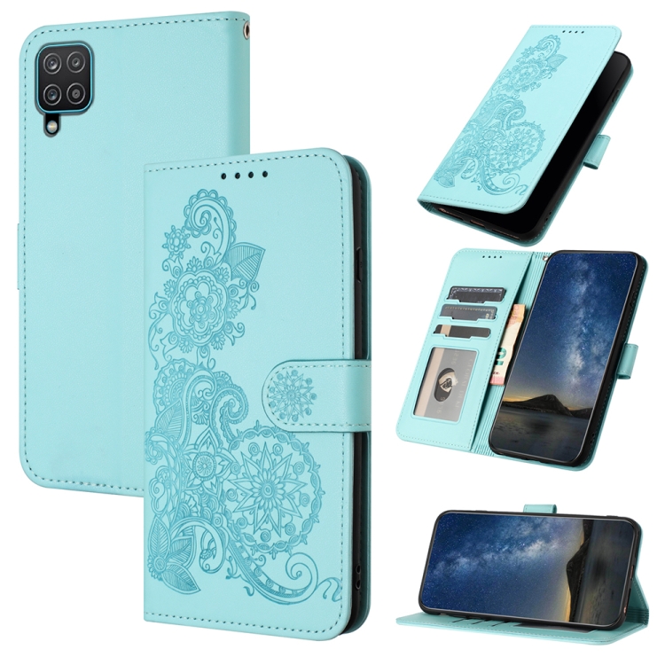 

For Samsung Galaxy A12 Datura Flower Embossed Flip Leather Phone Case(Light blue)