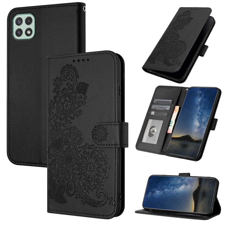 

For Samsung Galaxy A22 5G Datura Flower Embossed Flip Leather Phone Case(Black)
