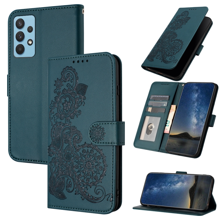 

For Samsung Galaxy A73 Datura Flower Embossed Flip Leather Phone Case(Dark Green)