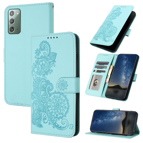 

For Samsung Galaxy Note20 Datura Flower Embossed Flip Leather Phone Case(Light blue)