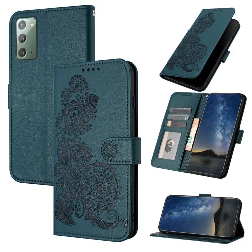 

For Samsung Galaxy Note20 Datura Flower Embossed Flip Leather Phone Case(Dark Green)