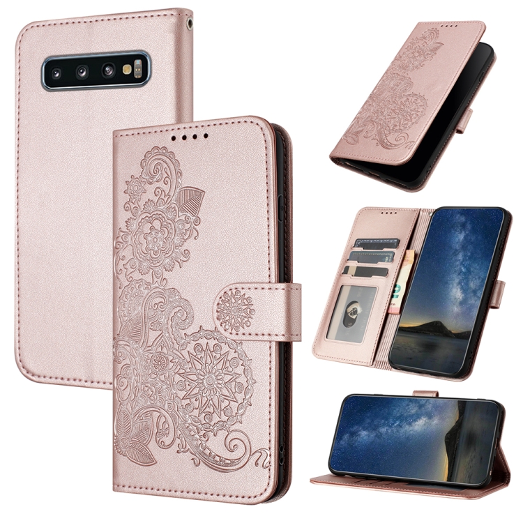 

For Samsung Galaxy S10+ Datura Flower Embossed Flip Leather Phone Case(Rose Gold)