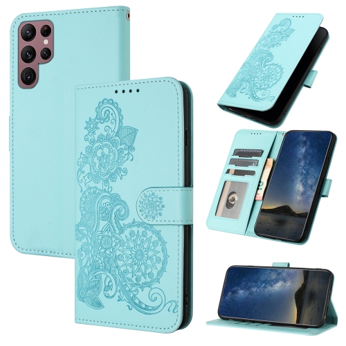 

For Samsung Galaxy S22 Ultra Datura Flower Embossed Flip Leather Phone Case(Light blue)