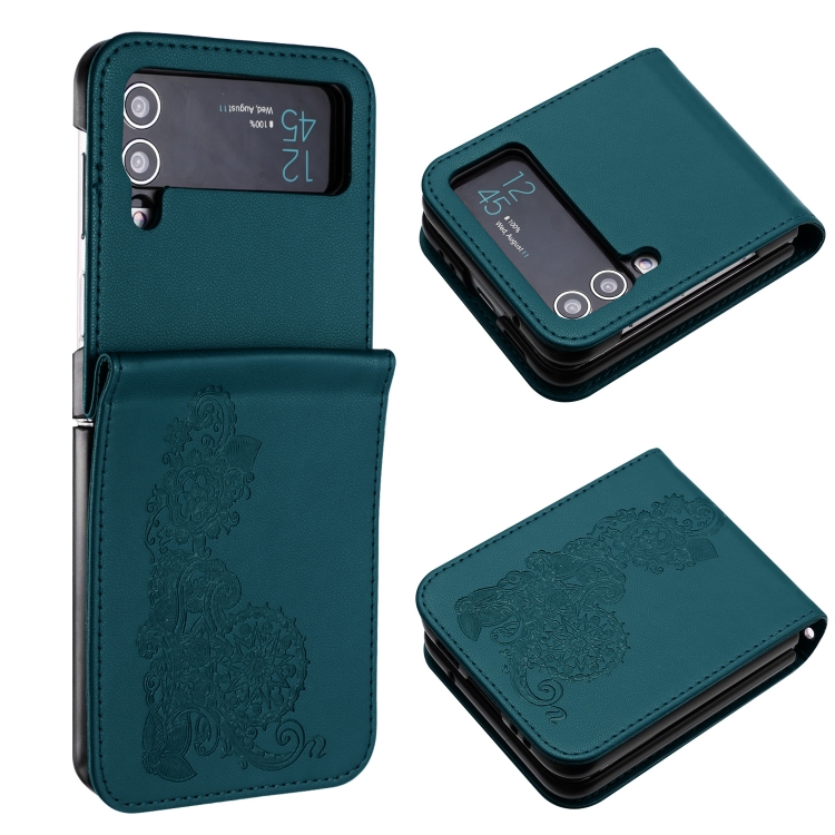

For Samsung Galaxy Z Flip4 5G Datura Flower Embossed Flip Leather Phone Case(Dark Green)