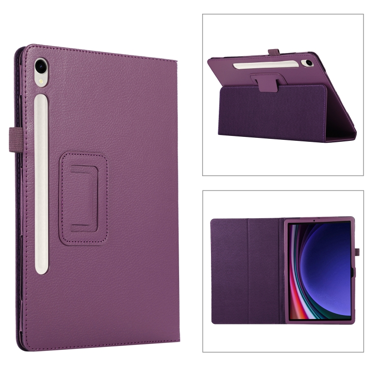 

For Samsung Galaxy Tab S9 Litchi Texture Leather Tablet Case with Holder(Purple)